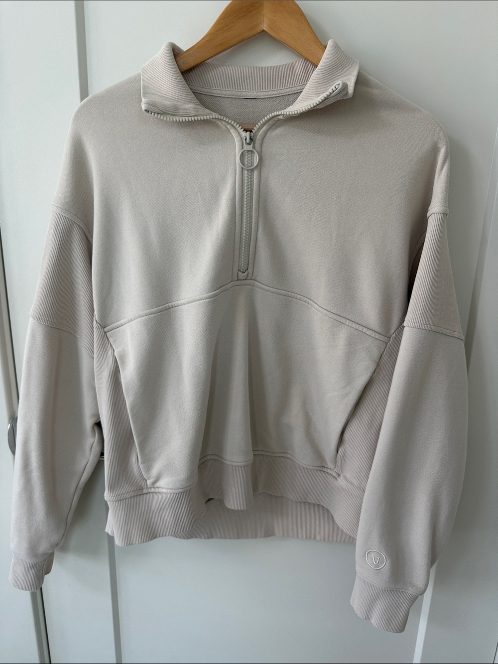 Vuori Quarter-Zip Pullover Hoodie in Light Beige